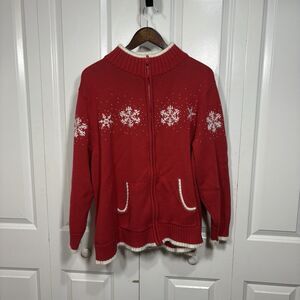 Quacker Factory Sweater Women 3X Zip Red Snowflake Fleece Trim Holiday Festive